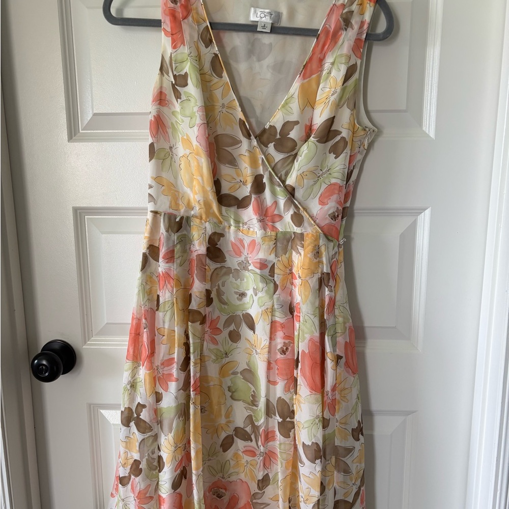 LOFT Floral V-Neck Midi Dress in Pink and Green